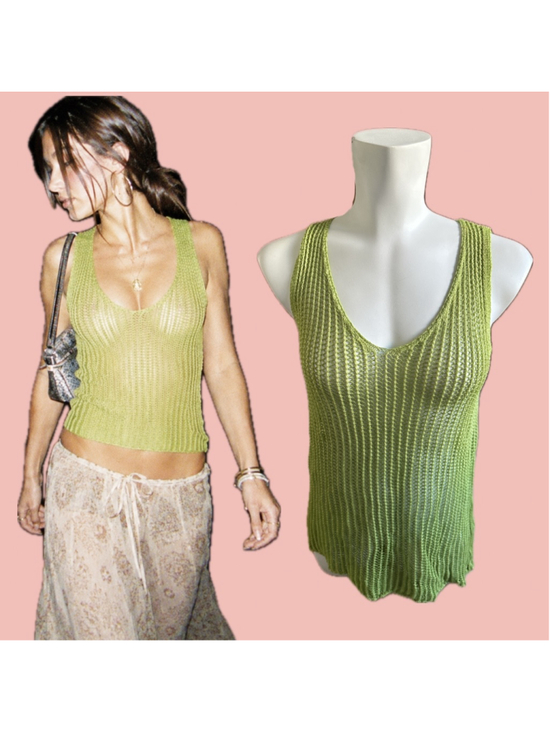 Unbranded Tops - Vintage Italian Lime Green Open Knit Tank Top Mesh Sleeveless Y2K M